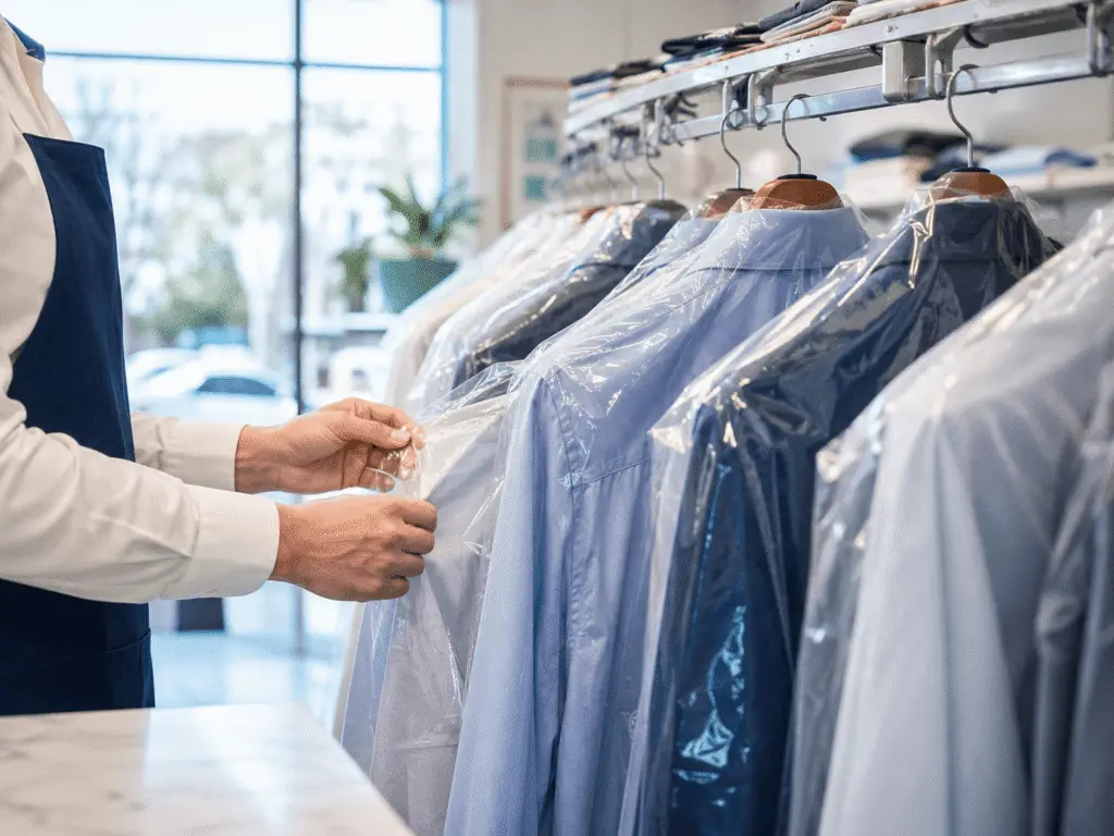 Dry cleaner inspecting freshly pressed shirts in plastic garment bags at the counter