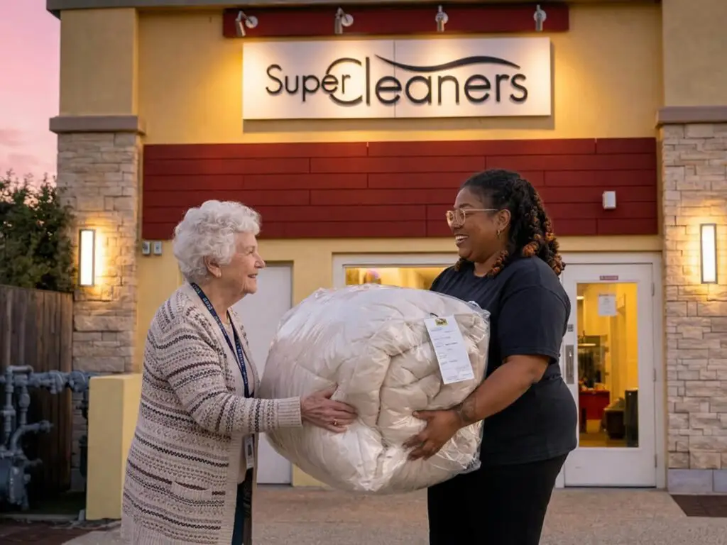 Super Cleaners staff handing back a freshly cleaned comforter