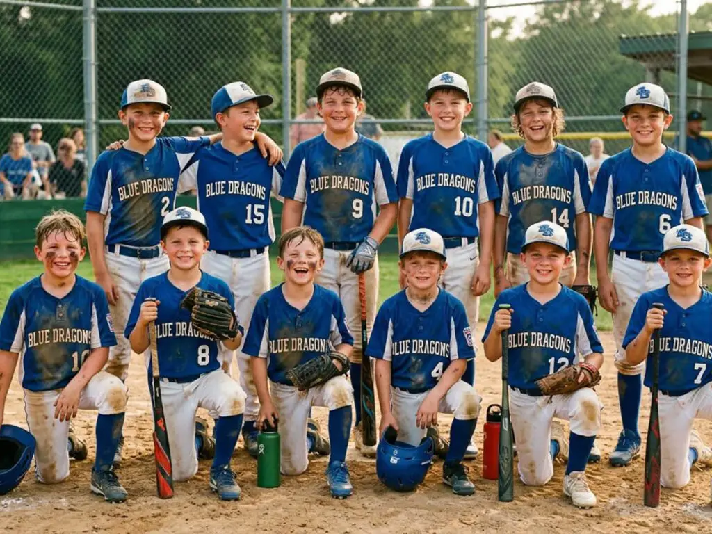 Youth baseball team in muddy uniforms needing cleaning