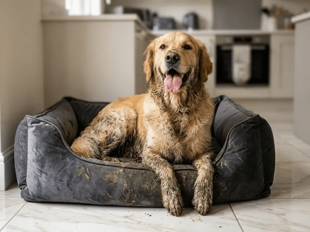 Muddy dog on a smelly pet bed needing odor removal