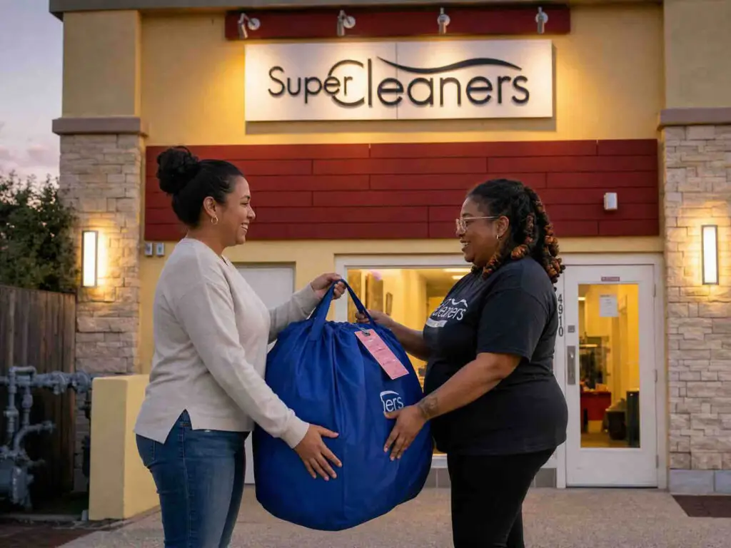 Laundry bag handoff outside Super Cleaners